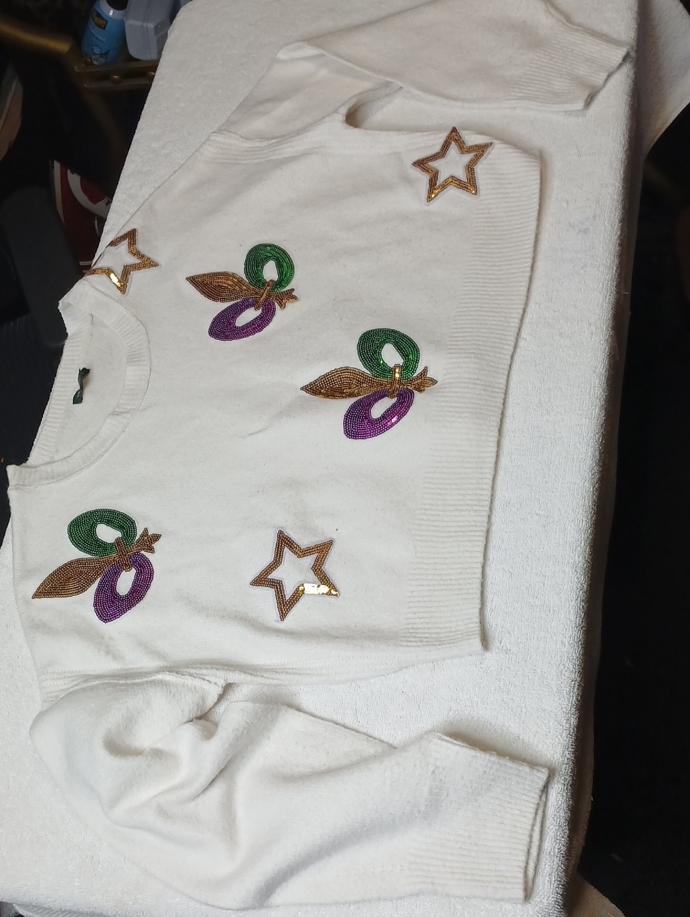 wild fable White Sweater with Green, Purple and Gold Appliqués